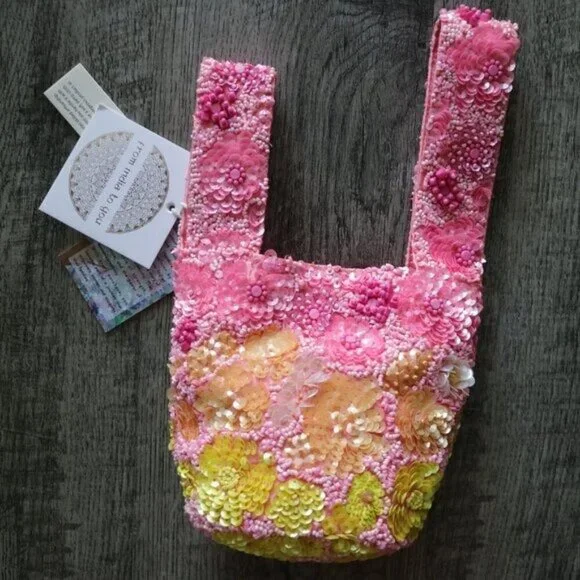 NWT VIRAL Tiktok Made In India Sequins Beaded Mini Purse Pink Yellow Orange - Picture 3 of 5